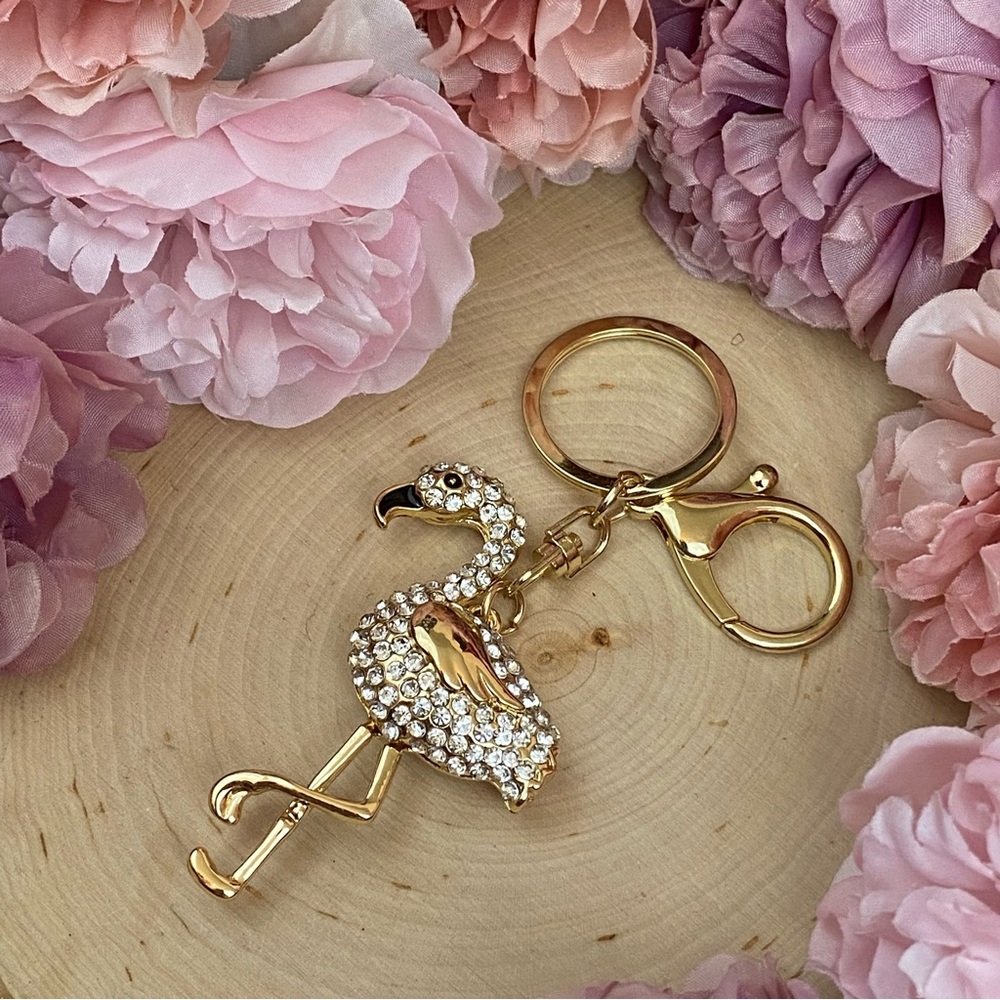 Whimsical Gold & Silver Crystal Flamingo Keychain Charm - Picture 5 of 14
